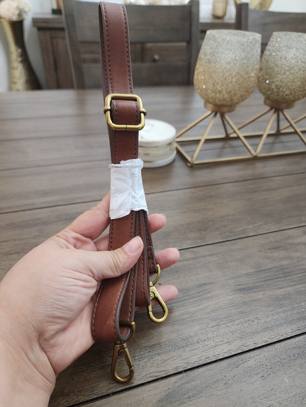 Adjustable Brown Faux Leather Bag Strap with Brass Hardware-47 in Long